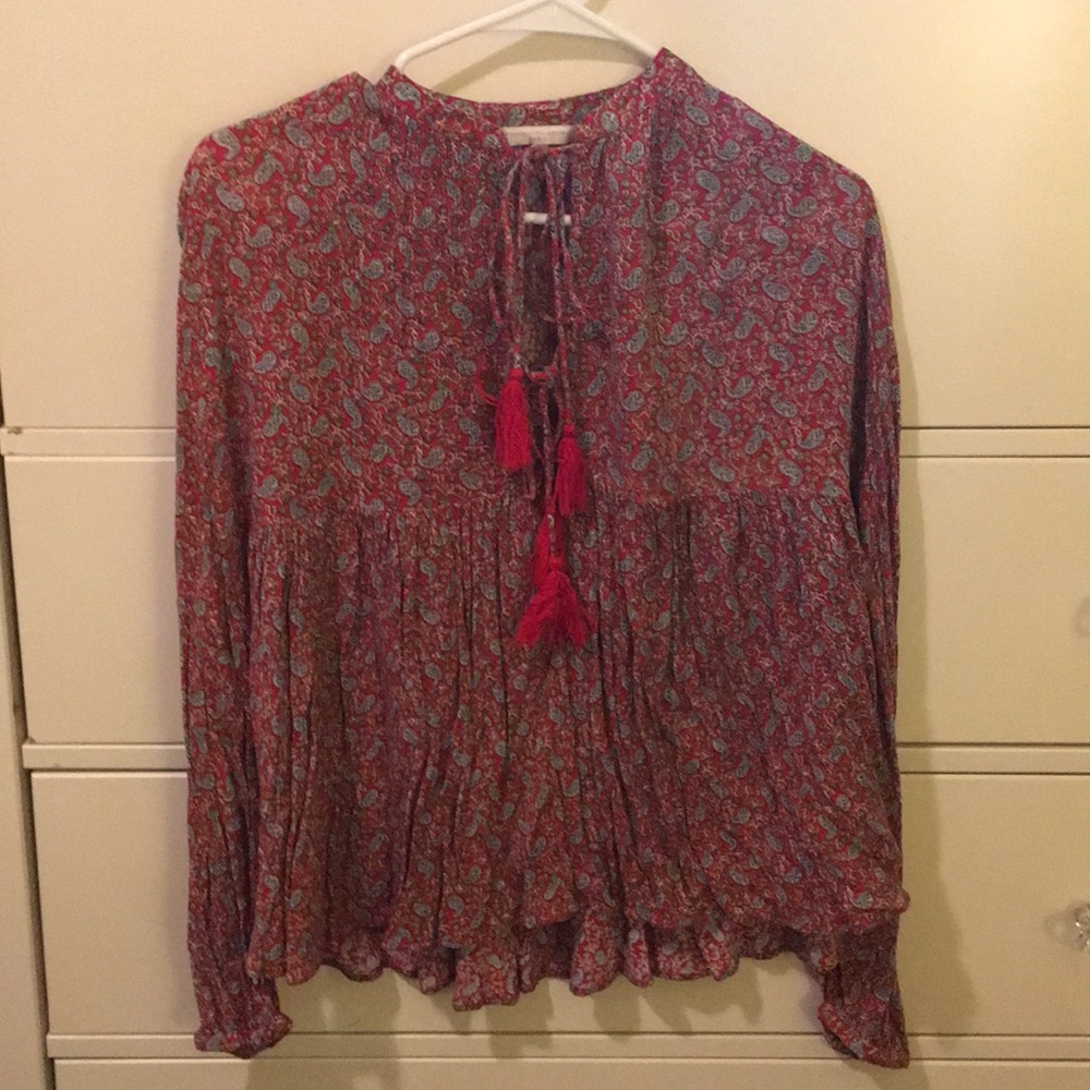 COPY - Zara flowy red print top with tassel ties
